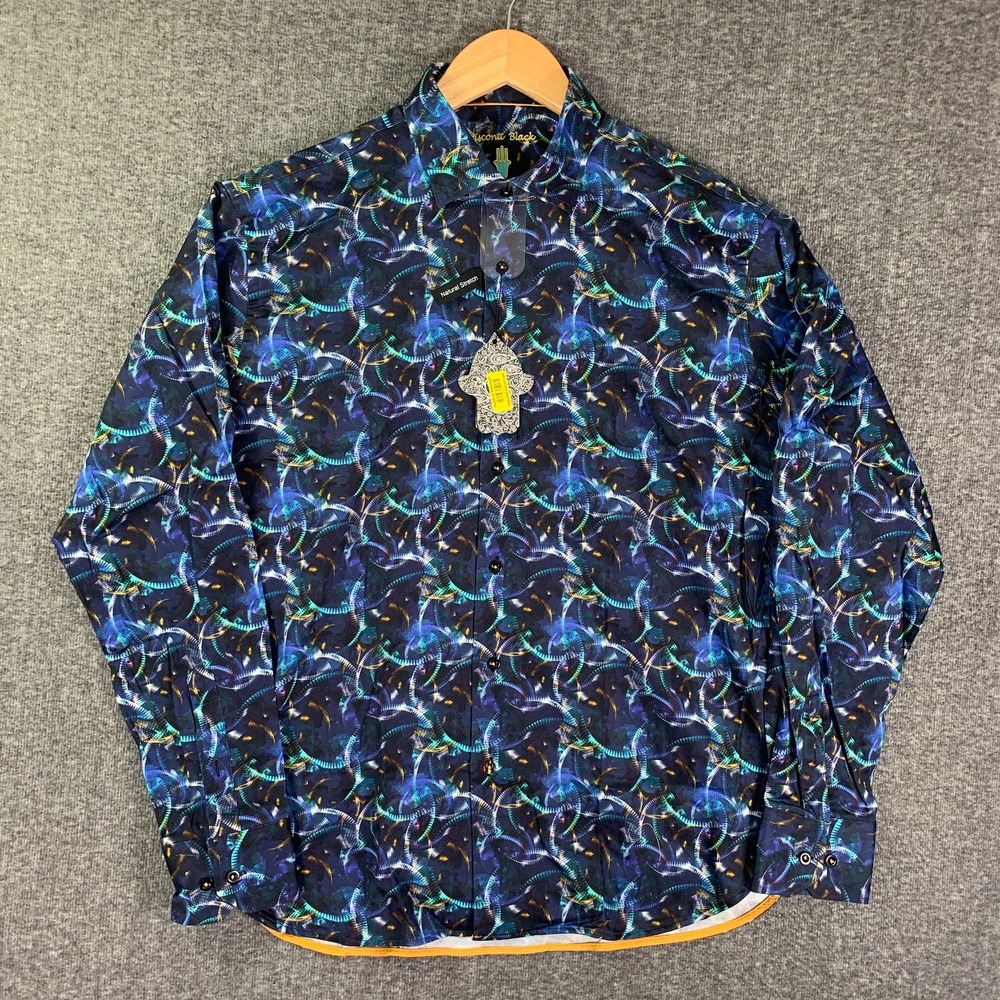 Luchiano Visconti Shirt Men Large Blue Abstract Bold Party Stretch NEW